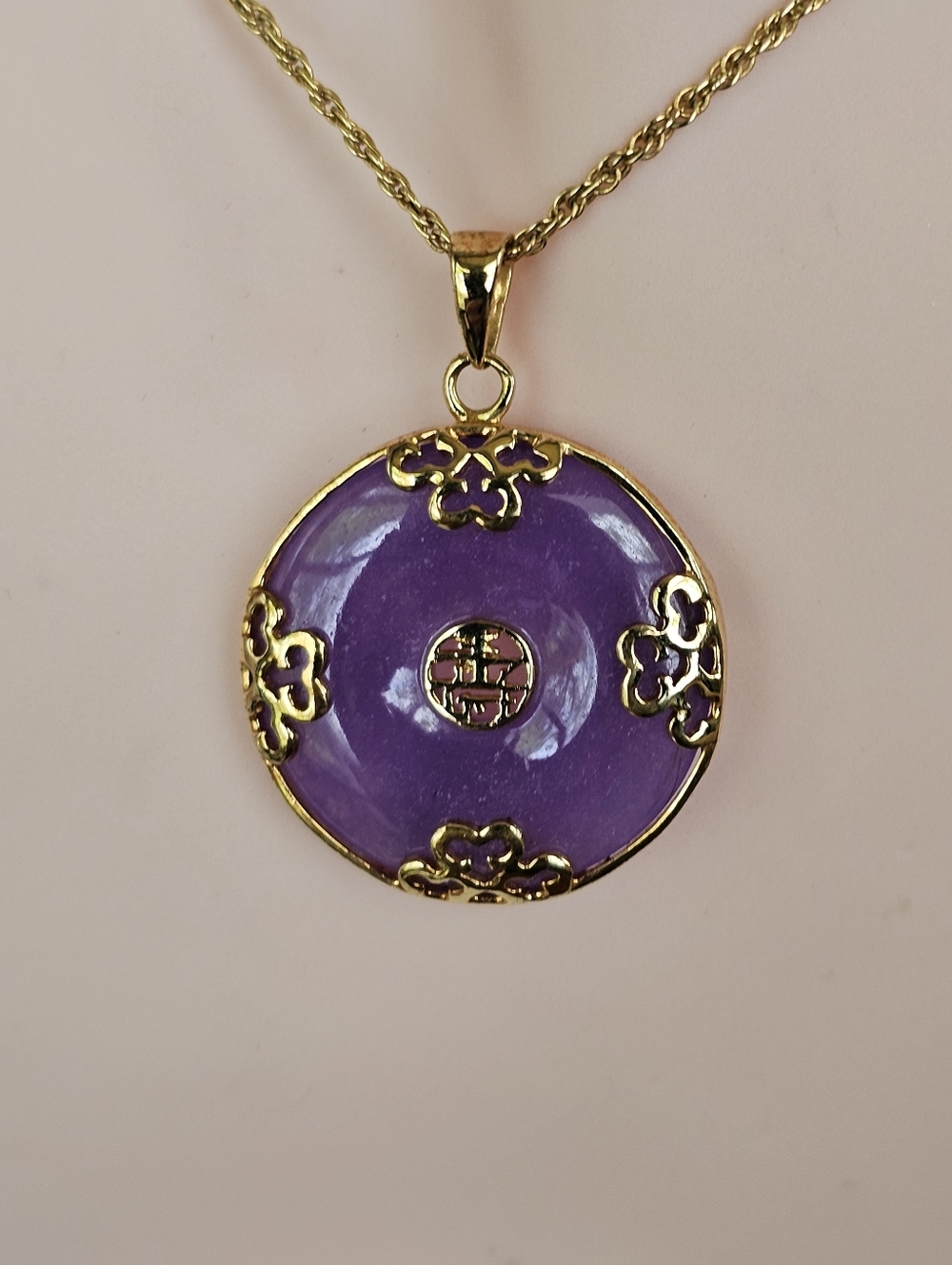 Good Fortune Genuine Purple Jade Donut Pendant Necklace 18k Vermeil 20" - Picture 2 of 5
